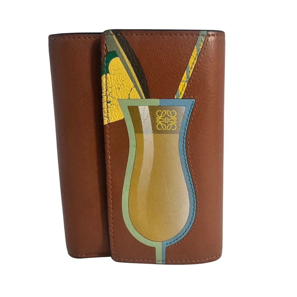 Loewe Paulas Ibiza Cocktail Graphic Trifold Wallet Tan Orange Leather Spain